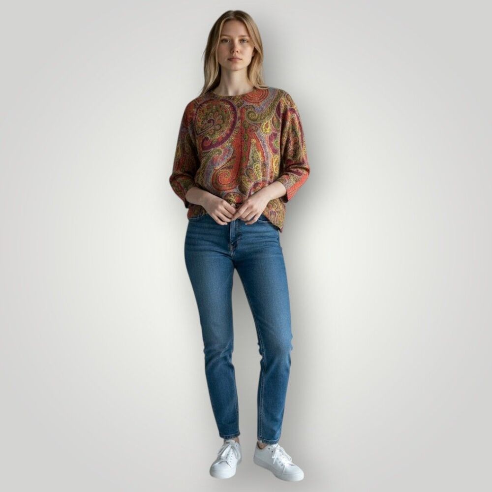 TALBOTS Pure Cashmete Sweater Women's XL Floral 3/4 Sleeves NWOT